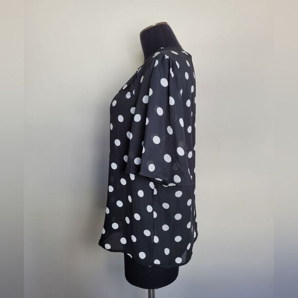 A.U.W. Polka Dot Blouse Black White Strappy Flounce Sleeve Teacher Office Medium - Picture 3 of 11